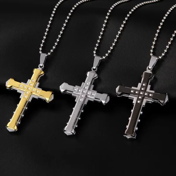 Men's Stainless Steel Crystal Cross Pendant Necklace - Image 3